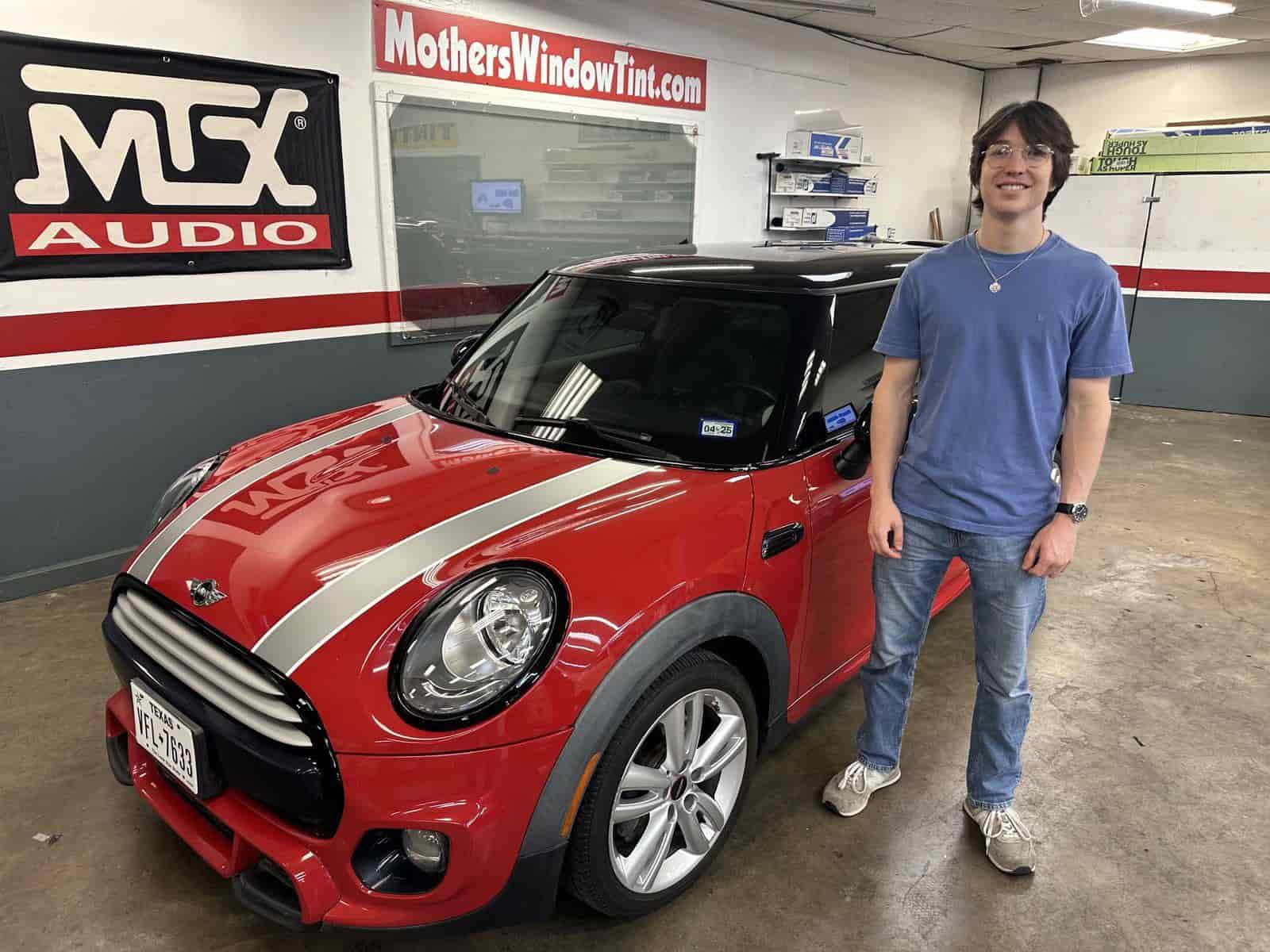 red mini in bay