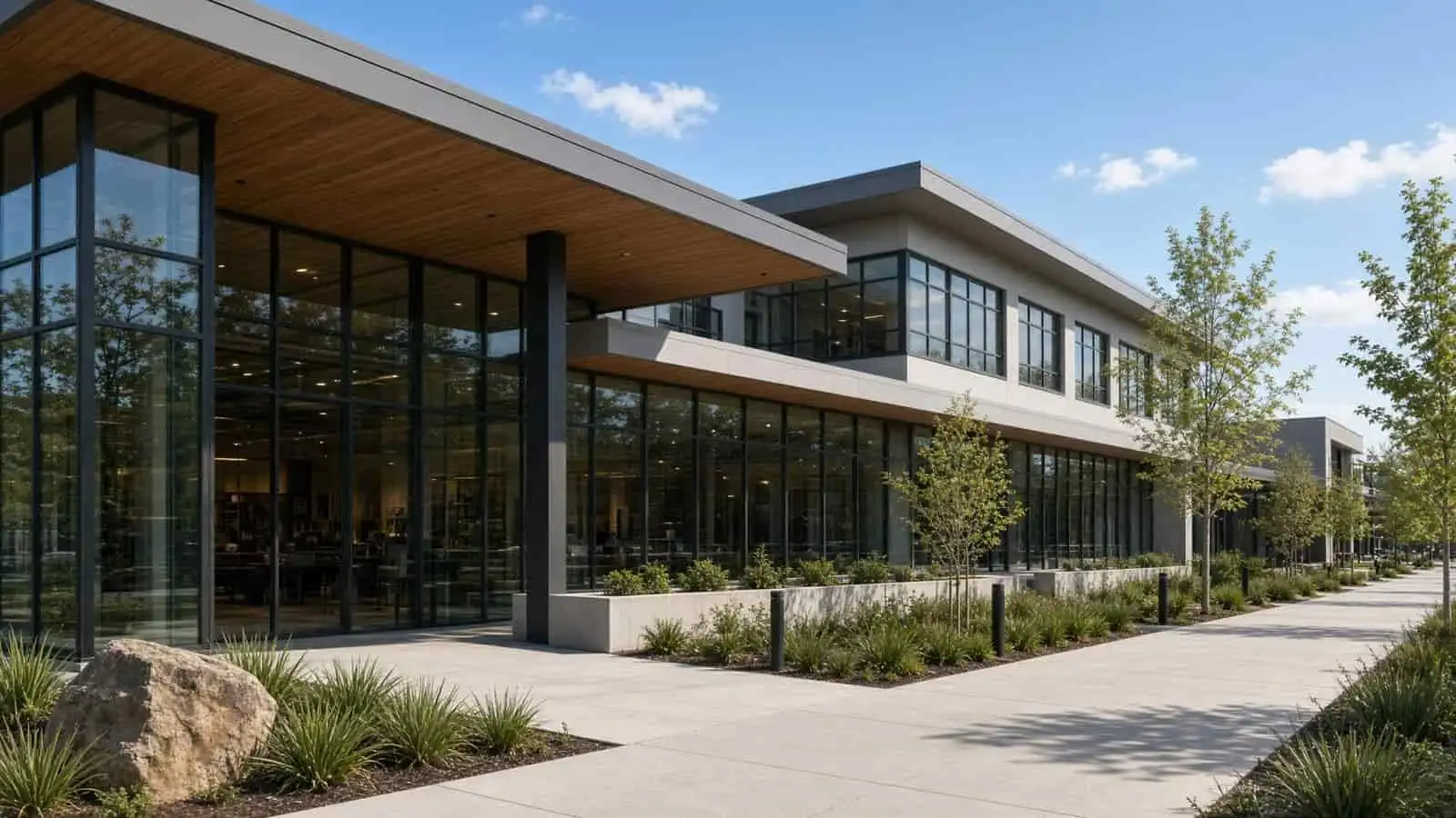 A commercial building with a glass storefront