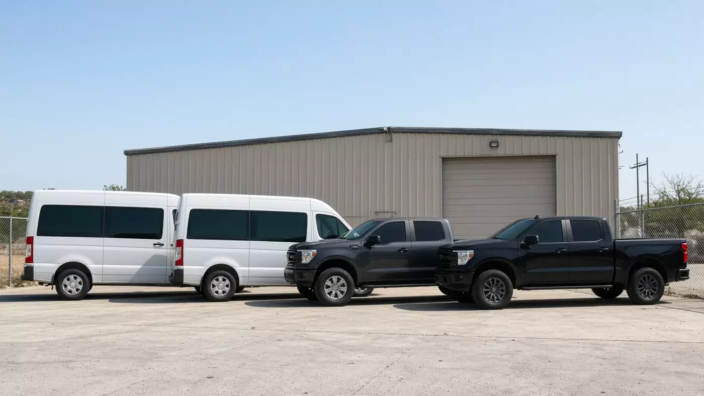 A row of tinted work vans and trucks