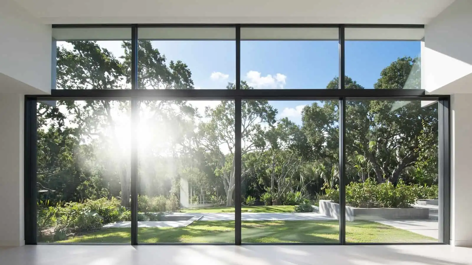 Sun glare on a wall of glass, looking out from inside a house